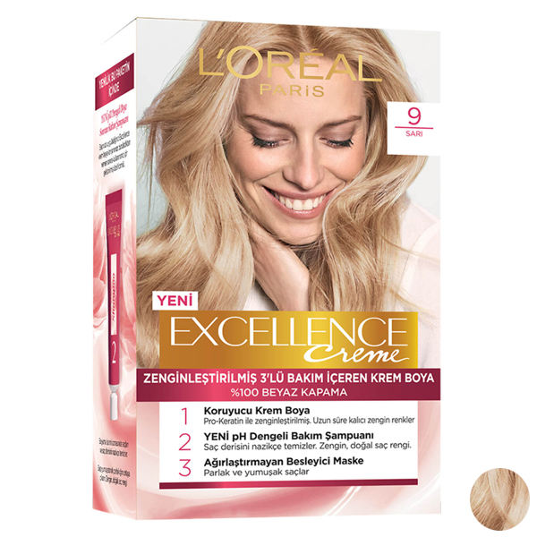 کیت رنگ مو لورآل مدل Excellence شماره 9 حجم 48 میلی لیتر رنگ بلوند طلایی کیت رنگ مو لورآل مدل Excellence شماره 9 حجم 48 میلی لیتر رنگ بلوند طلایی