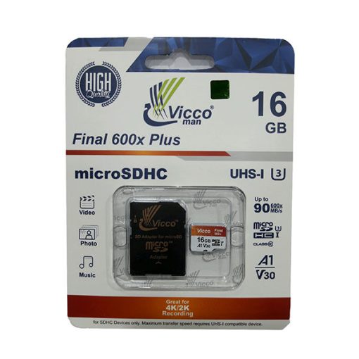 کارت حافظه microSDHC ویکومن مدل A1 V30 600X کلاس 10 استاندارد UHS-I U3 سرعت 90MBps ظرفیت 16 گیگابایت به همراه آداپتور SD