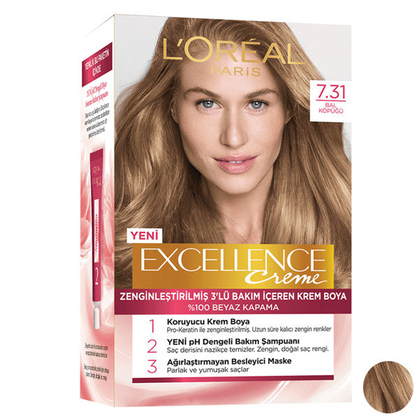 کیت رنگ مو لورآل مدل Excellence شماره 7.31 حجم 48 میلی لیتر رنگ عسلی کیت رنگ مو لورآل مدل Excellence شماره 7.31 حجم 48 میلی لیتر رنگ عسلی
