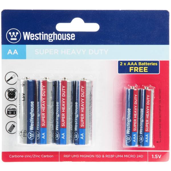 باتری قلمی و نیم قلمی وستینگهاوس مدل Super Heavy Duty بسته 6 عددی باتری قلمی و نیم قلمی وستینگهاوس مدل Super Heavy Duty بسته 6 عددی